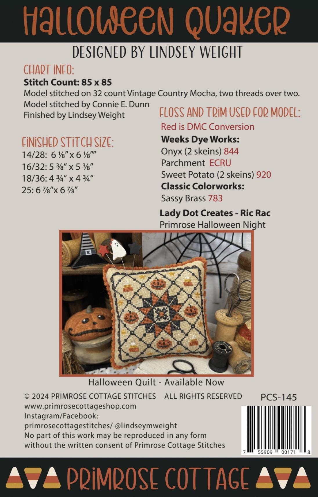 Halloween Quaker by Primrose Cottage Stitches - Cross Stitch Paper Pattern