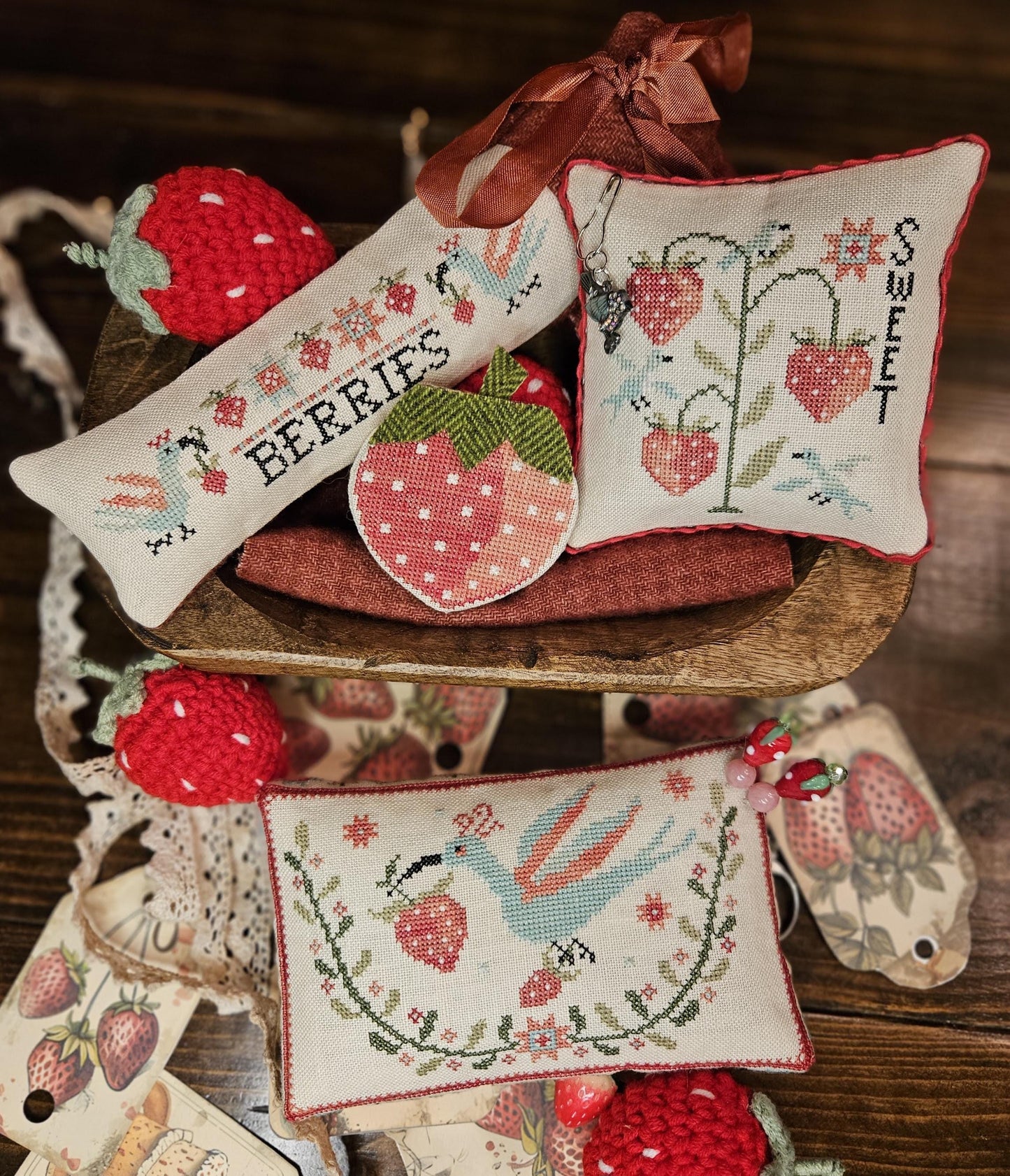 Strawberry Thieves Pin Keeps by Quaint Rose Needlearts - Cross Stitch Paper Pattern