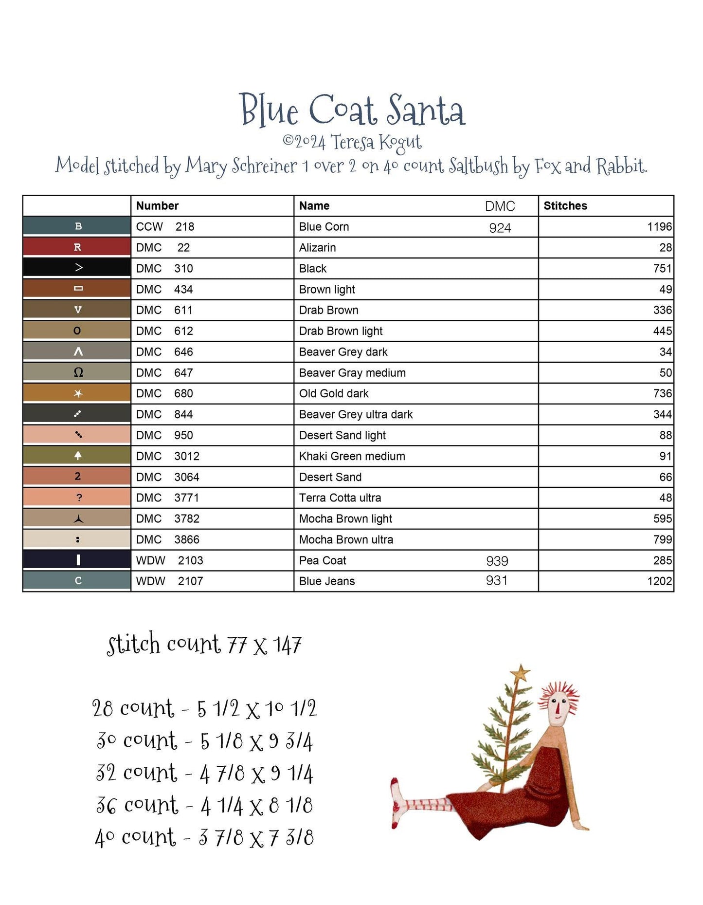 NEW!! Blue Coat Santa by Teresa Kogut - Cross Stitch Paper Pattern