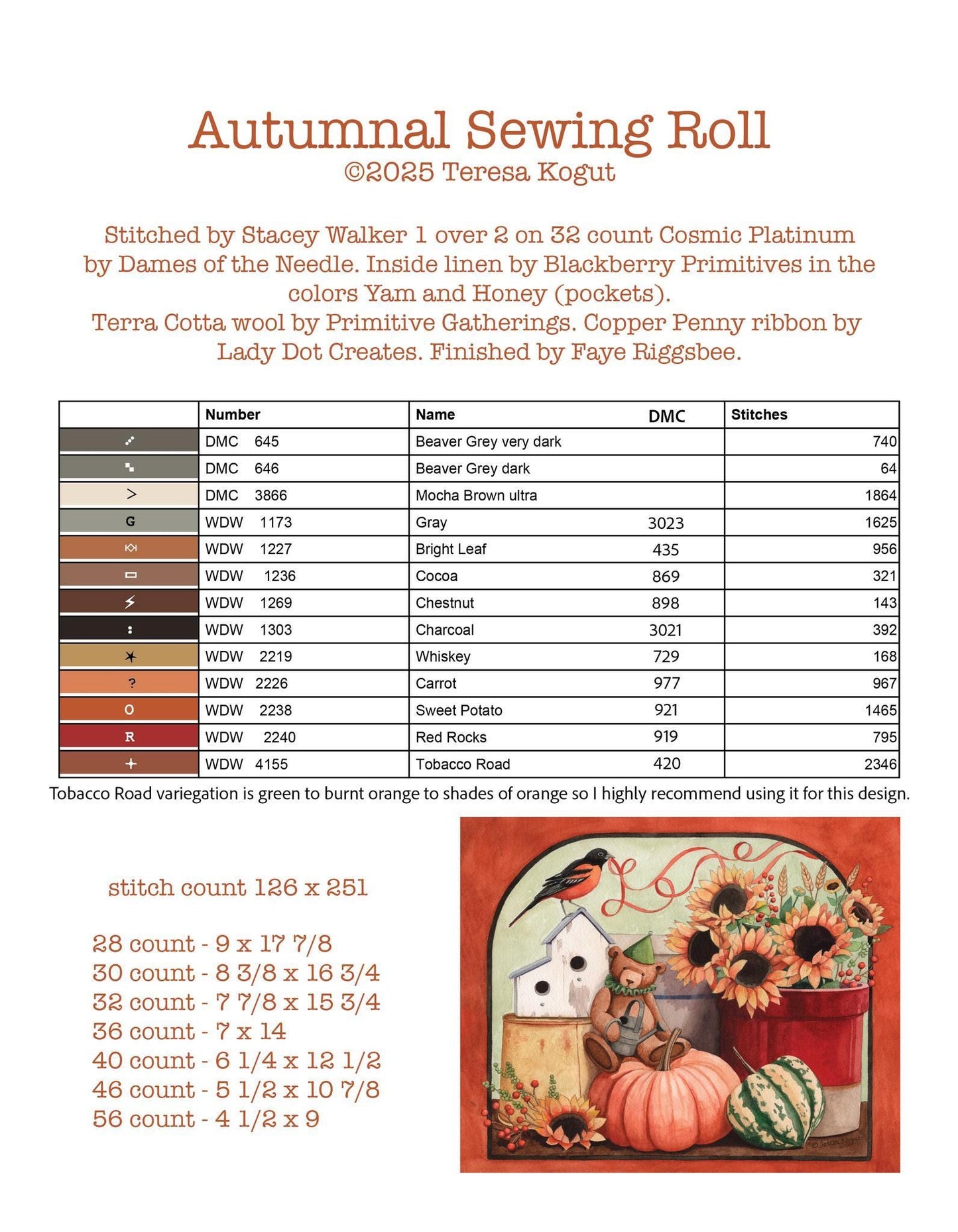 Autumnal Sewing Roll by Teresa Kogut (PRE-ORDER)- Cross Stitch Paper Pattern