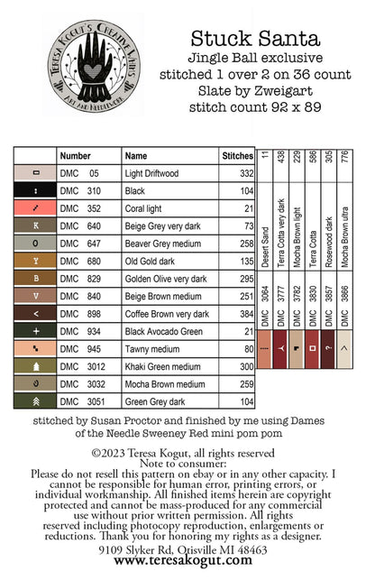 Stuck Santa by Teresa Kogut - Cross Stitch Paper Pattern