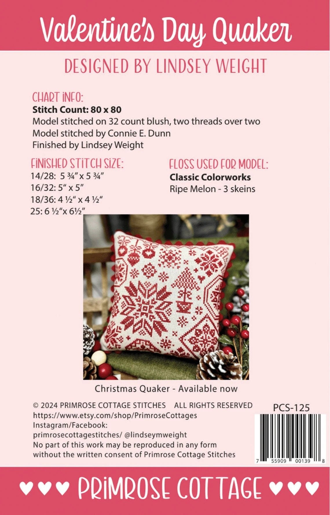 Valentine's Day Quaker by Primrose Cottage Stitches -Cross Stitch Paper Pattern