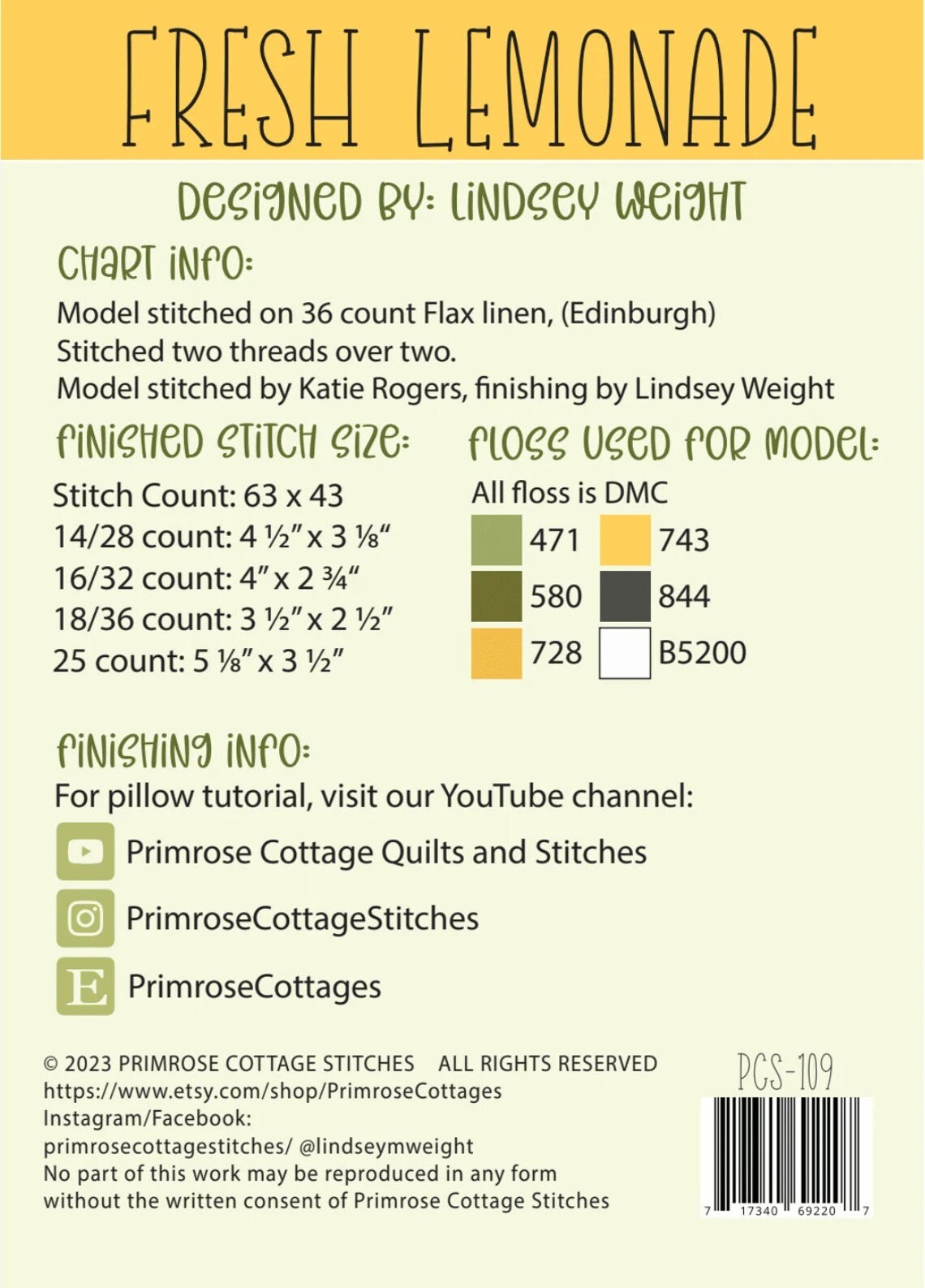 Fresh Lemonade by Primrose Cottage Stitches - Cross Stitch Paper Pattern