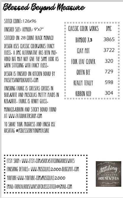 Blessed Beyond Measure by Stitching with the Housewives - Cross Stitch Paper Pattern