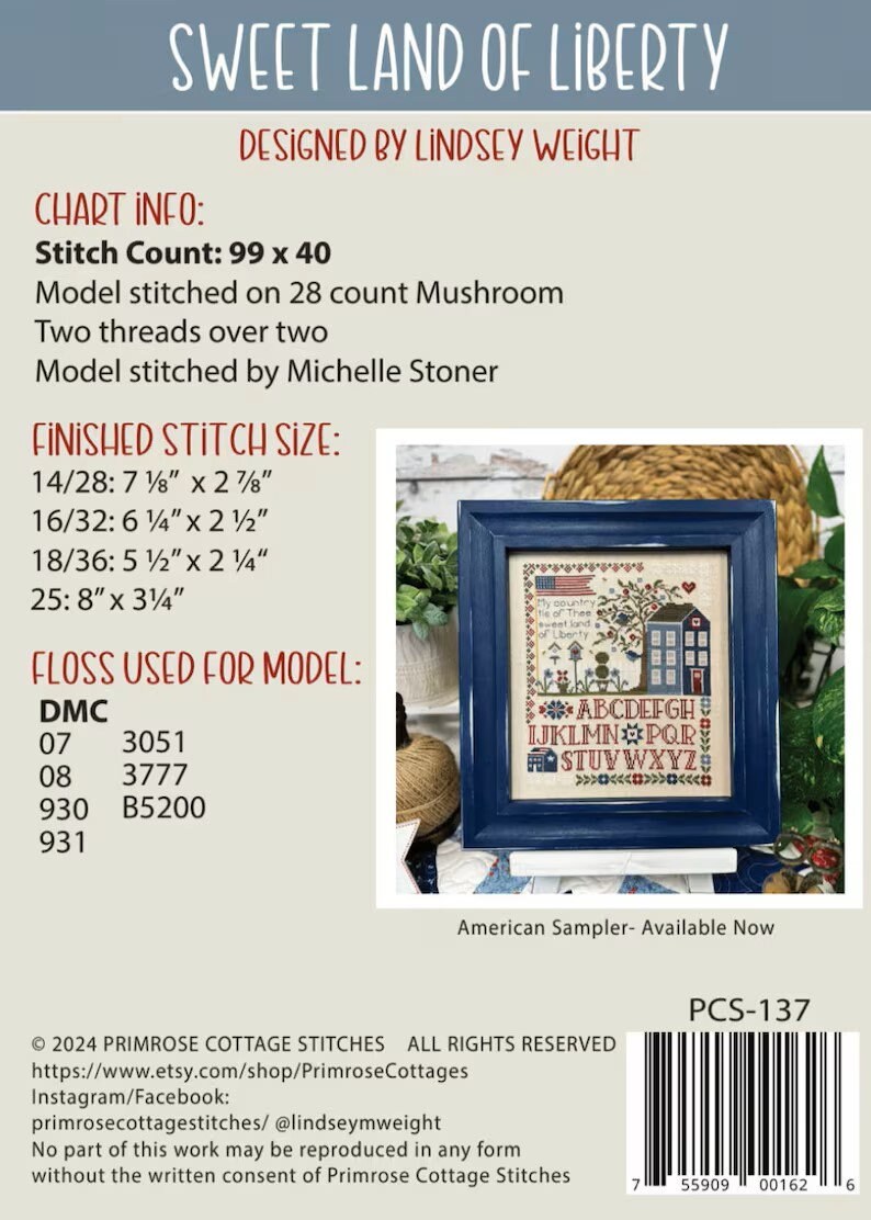 Sweet Land of Liberty by Primrose Cottage Stitches - Cross Stitch Paper Pattern