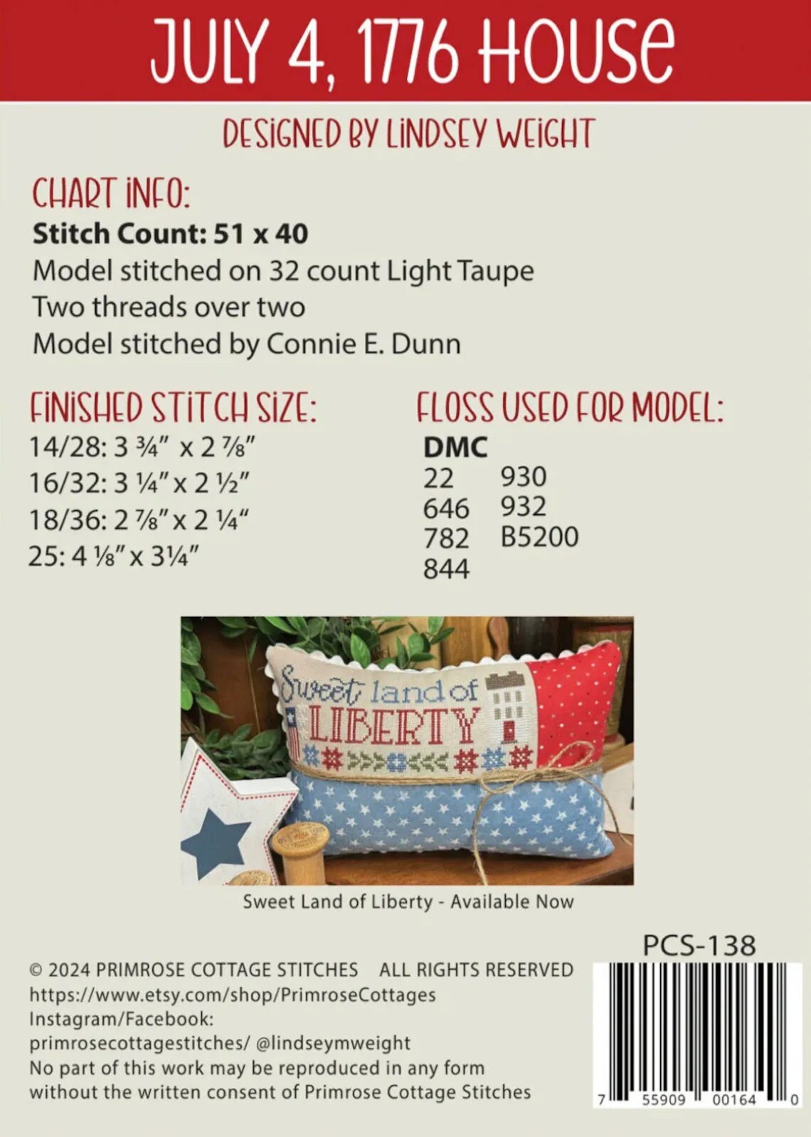 July 4, 1776 House by Primrose Cottage Stitches - Cross Stitch Paper Pattern