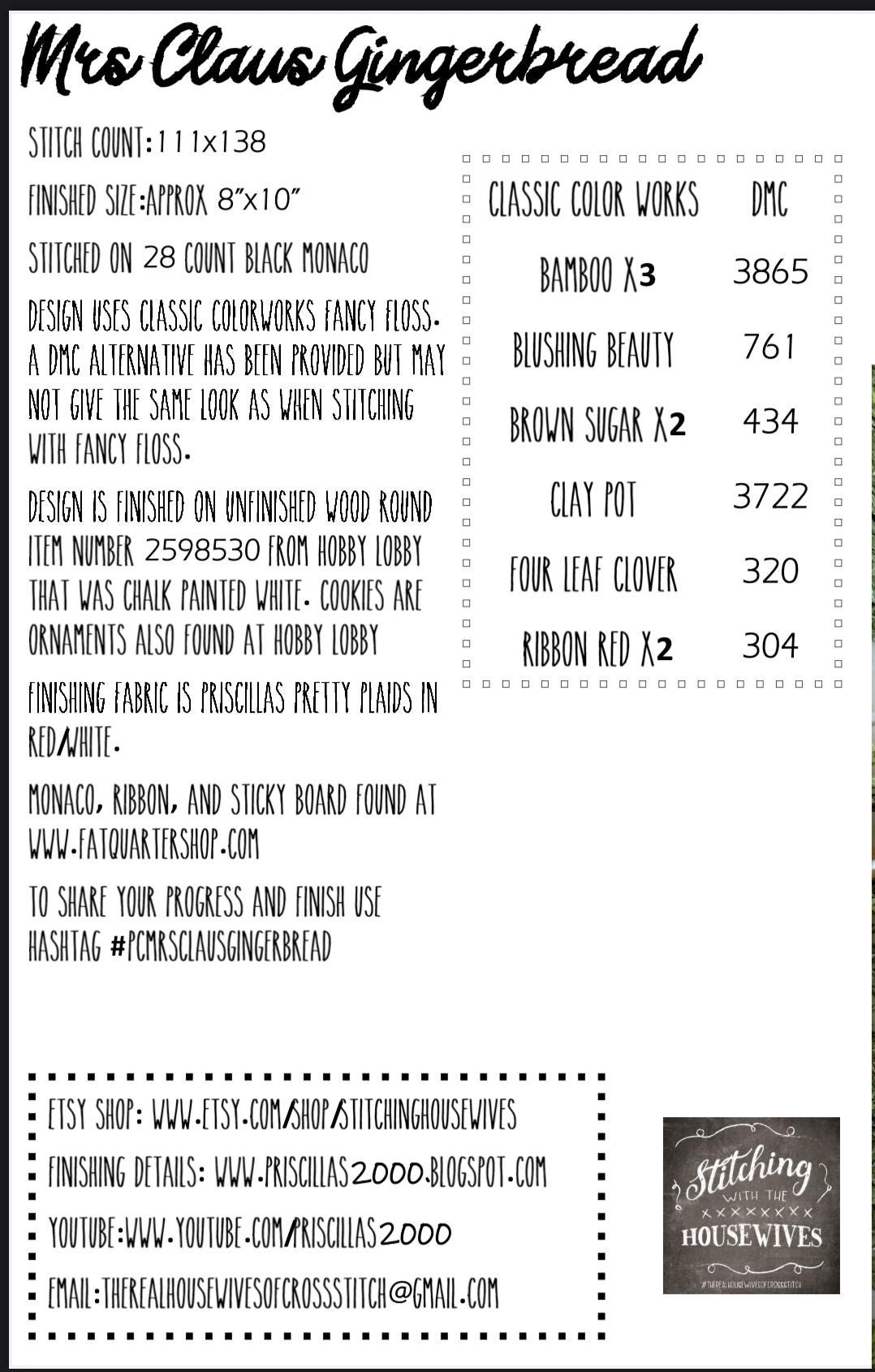 NEW!! Mrs. Claus Gingerbread by Stitching With The Housewives - Cross Stitch Paper Pattern