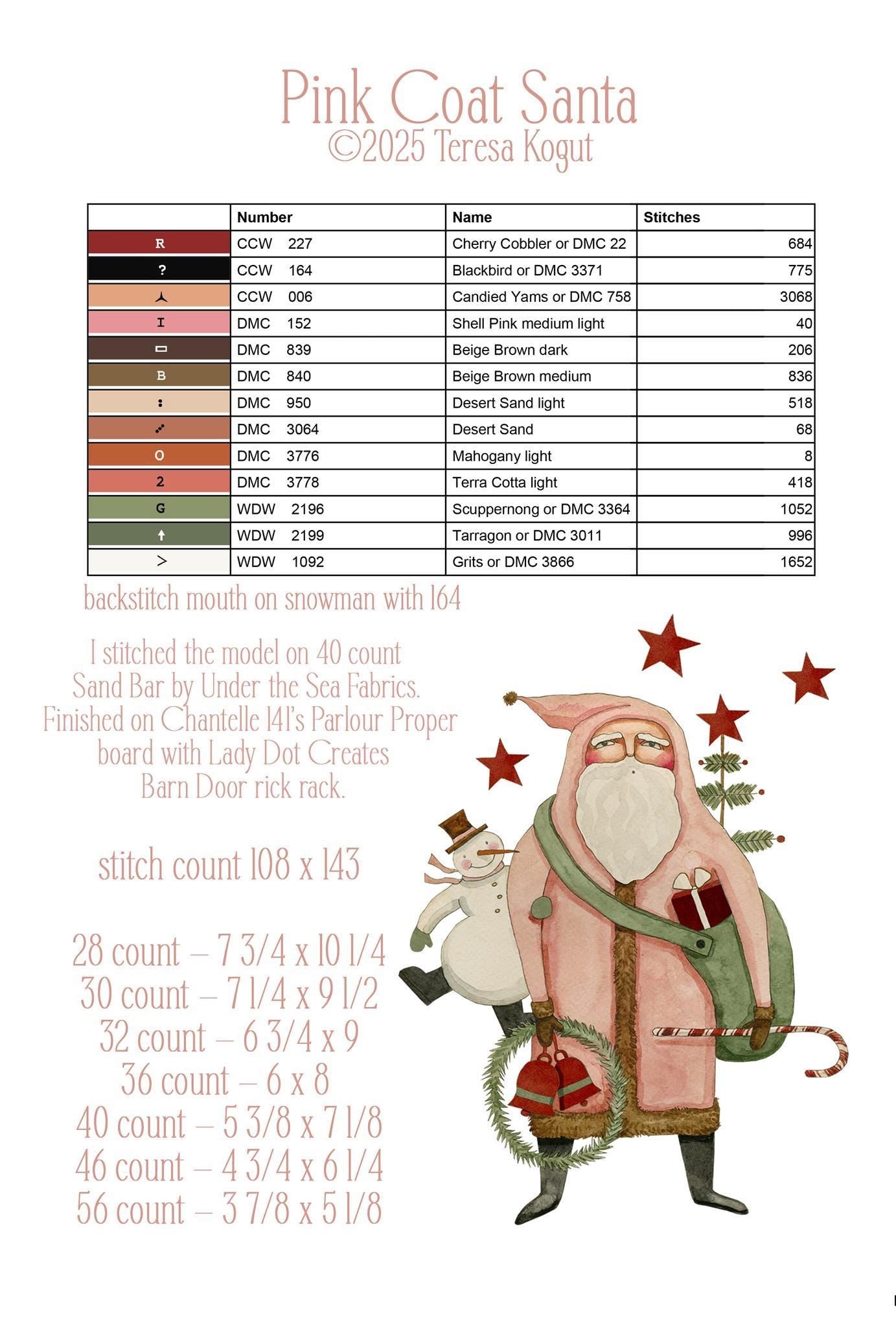 NEW!! Pink Coat Santa by Teresa Kogut - Cross Stitch Paper Pattern