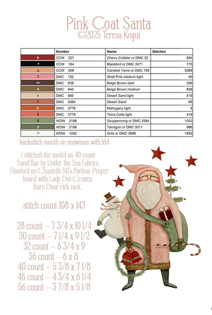 NEW!! Pink Coat Santa by Teresa Kogut - Cross Stitch Paper Pattern