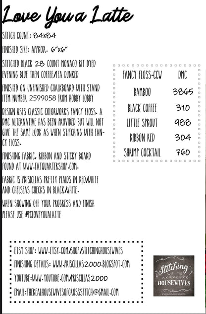 Love You A Latte by Stitching with the Housewives - Cross Stitch Paper Pattern