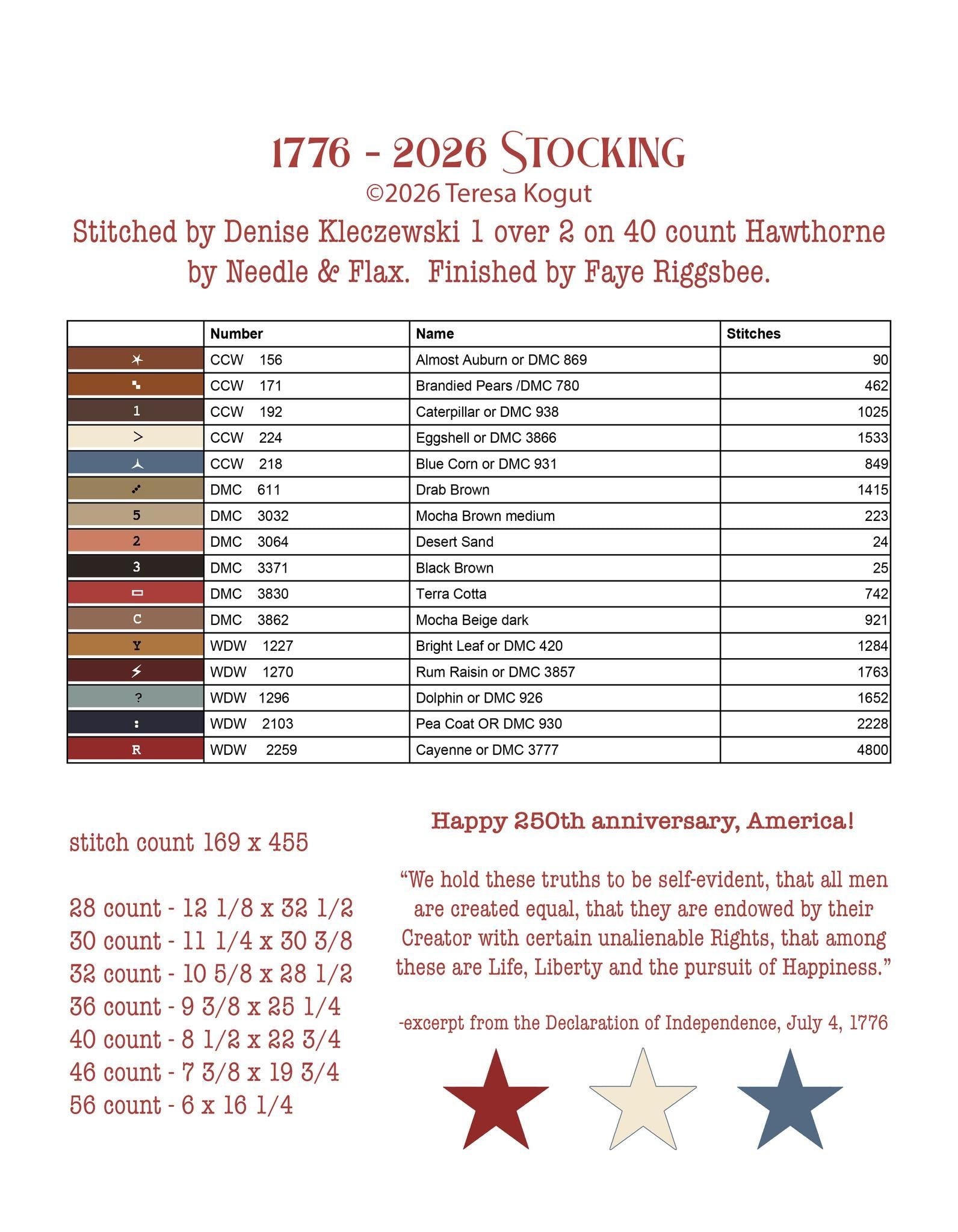 1776 - 2026 Stocking - Cross Stitch Paper Pattern