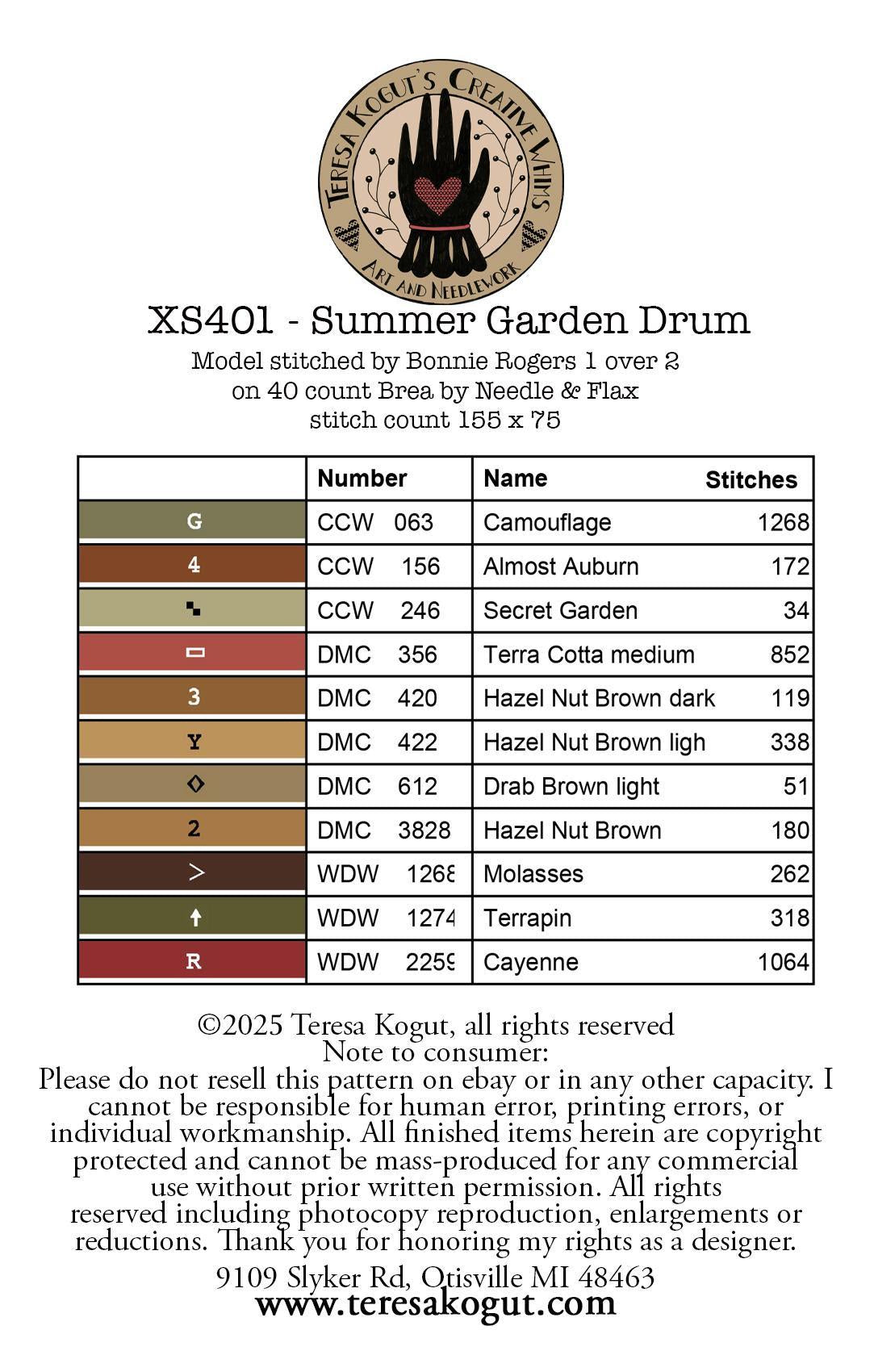 PREORDER!! Summer Garden Drum by Teresa Kogut - Cross Stitch Paper Pattern