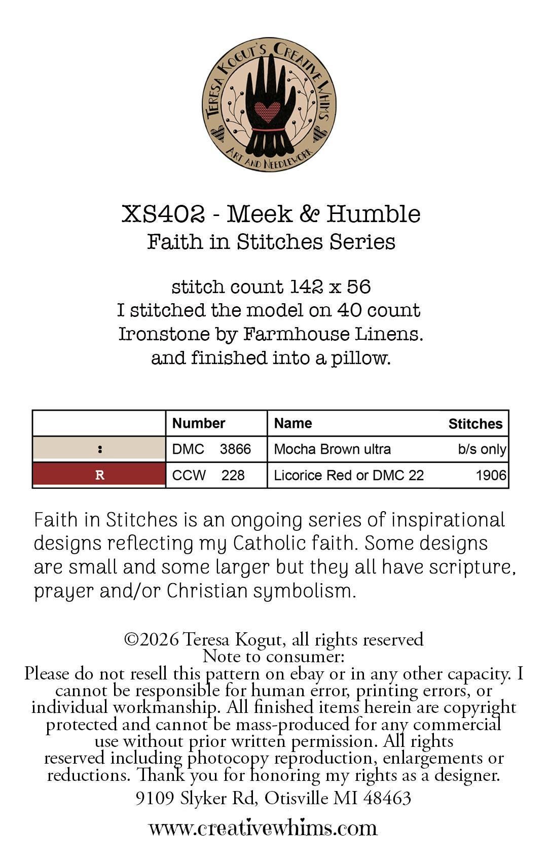PREORDER!! Meek & Humble by Teresa Kogut - Cross Stitch Paper Pattern