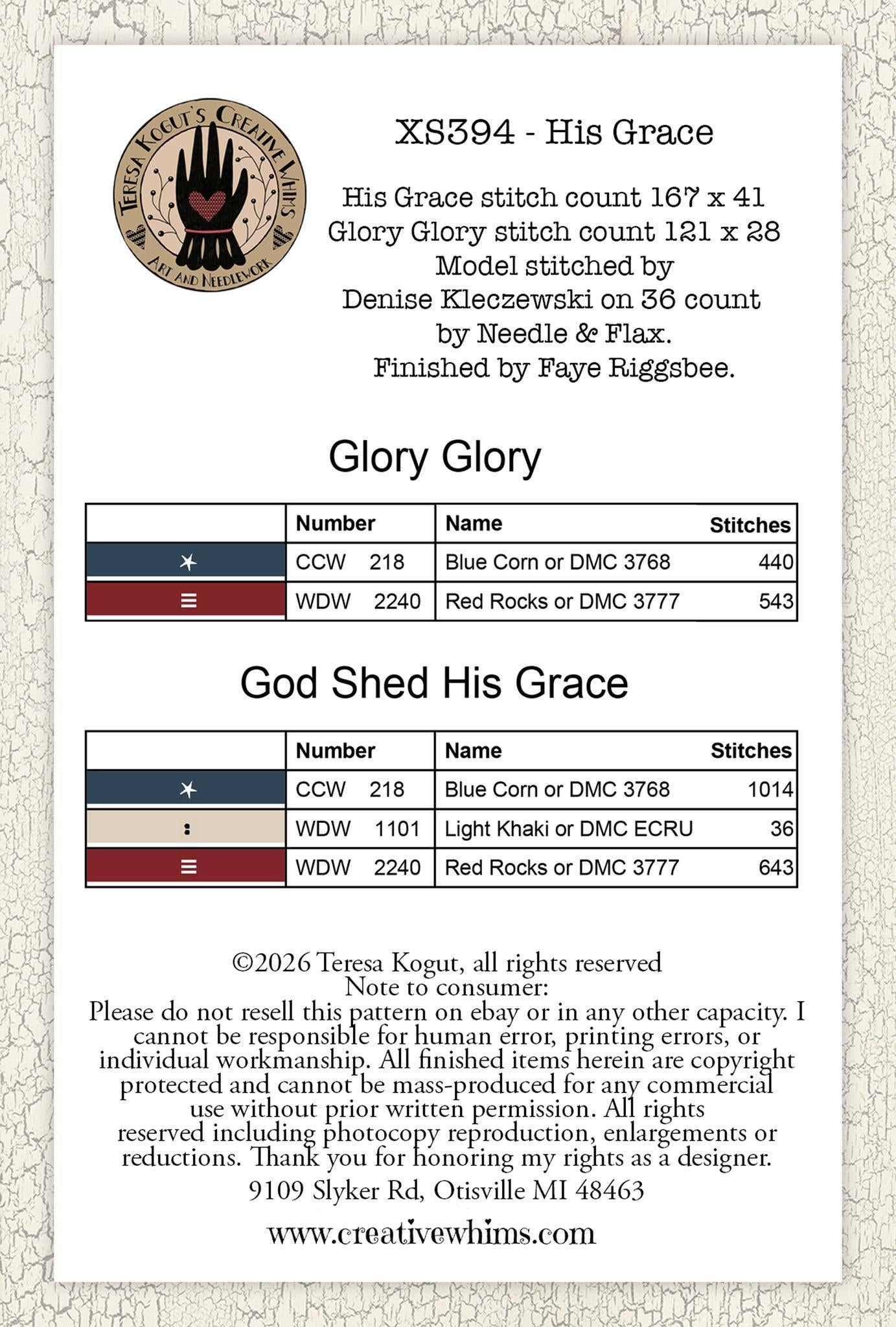 PRE-ORDER!! His Grace by Teresa Kogut - Cross Stitch Paper Pattern