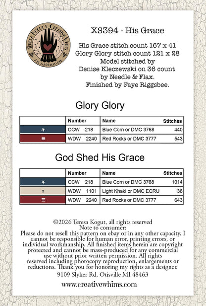 PRE-ORDER!! His Grace by Teresa Kogut - Cross Stitch Paper Pattern
