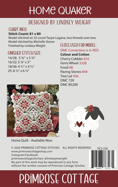 PRE-ORDER!! Home Quaker by Primrose Cottage Stitches - Cross Stitch Paper Pattern