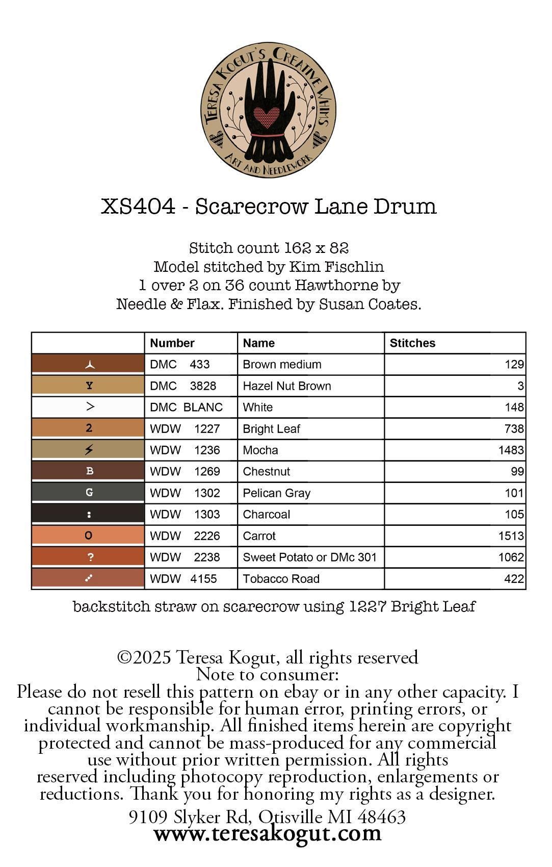 Scarecrow Lane Drum by Teresa Kogut (PRE-ORDER)- Cross Stitch Paper Pattern