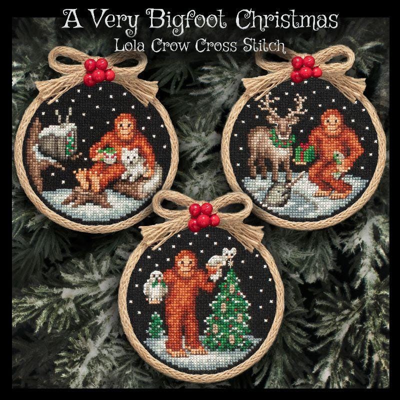 A Very Bigfoot Christmas Ornament Set by Lola Crow Cross Stitch (PRE-ORDER) - Cross Stitch Paper Pattern