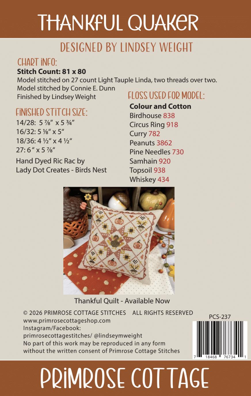 Thankful Quaker by Primrose Cottage Stitches (PRE-ORDER) - Cross Stitch Paper Pattern