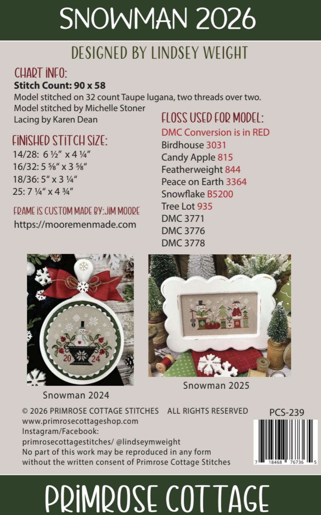Snowman 2026 by Primrose Cottage Stitches (PRE-ORDER) - Cross Stitch Paper Pattern