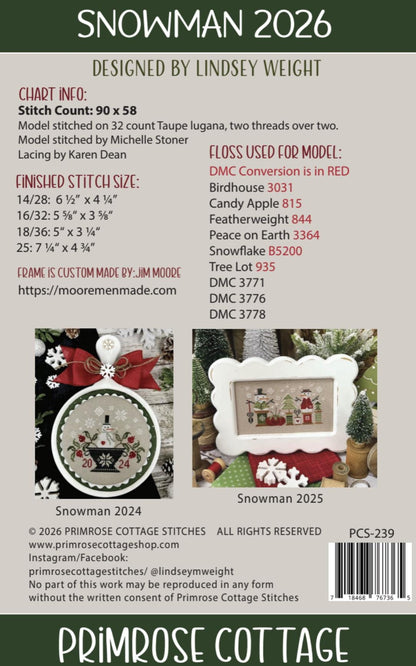 Snowman 2026 by Primrose Cottage Stitches (PRE-ORDER) - Cross Stitch Paper Pattern